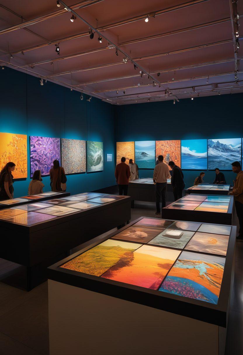 A dynamic museum scene showcasing a diverse group of curators collaborating on an engaging exhibition, with artworks and artifacts in vibrant displays, digital interfaces for audience interaction, and interactive guided tours. The atmosphere should feel lively and immersive, inviting viewers to explore creativity and art. super-realistic. vibrant colors. 3D.