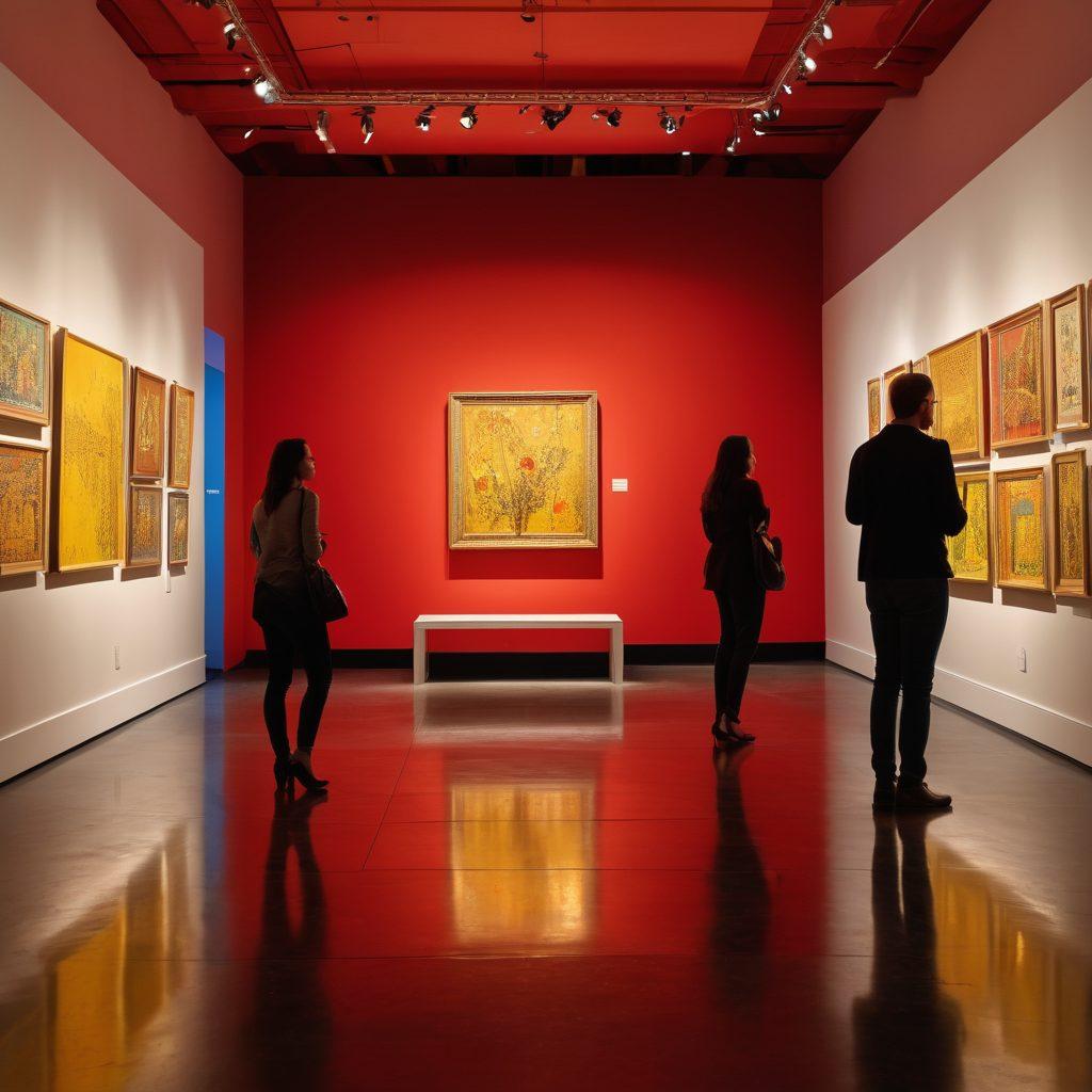 A vibrant art installation showcasing diverse curatorial practices, featuring interactive exhibits, museum staff engaging with guests, and thought-provoking artworks. The background displays a fusion of traditional and modern art elements, symbolizing innovation in museum engagement. The scene has a warm, inviting atmosphere with a dynamic color palette. super-realistic. vibrant colors. depth of field.